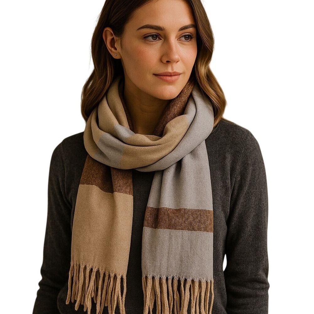 Alpaca Striped Scarf Fringe Ends Neutral Colors Warm Winter‎ Fall Fashion